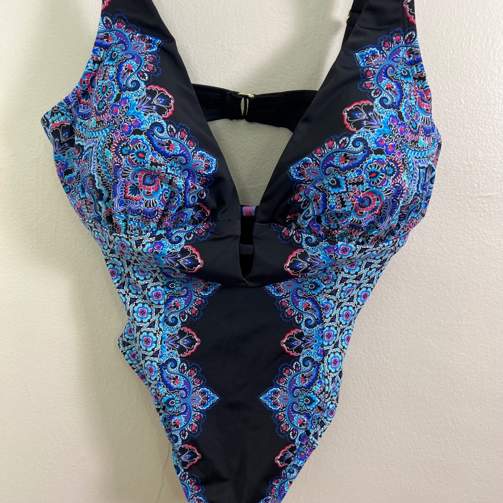 NWT - Swimsuits for All Size 12 One Piece Swimsuit Black Blue Paisley Print - Picture 2 of 10